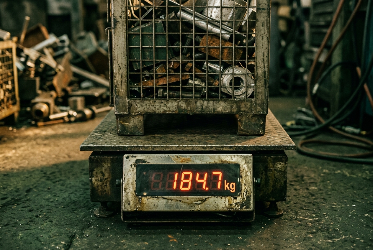 Balança industrial digital pesando uma caixa metálica com sucatas metálicas industriais para cálculo de balanço de massa